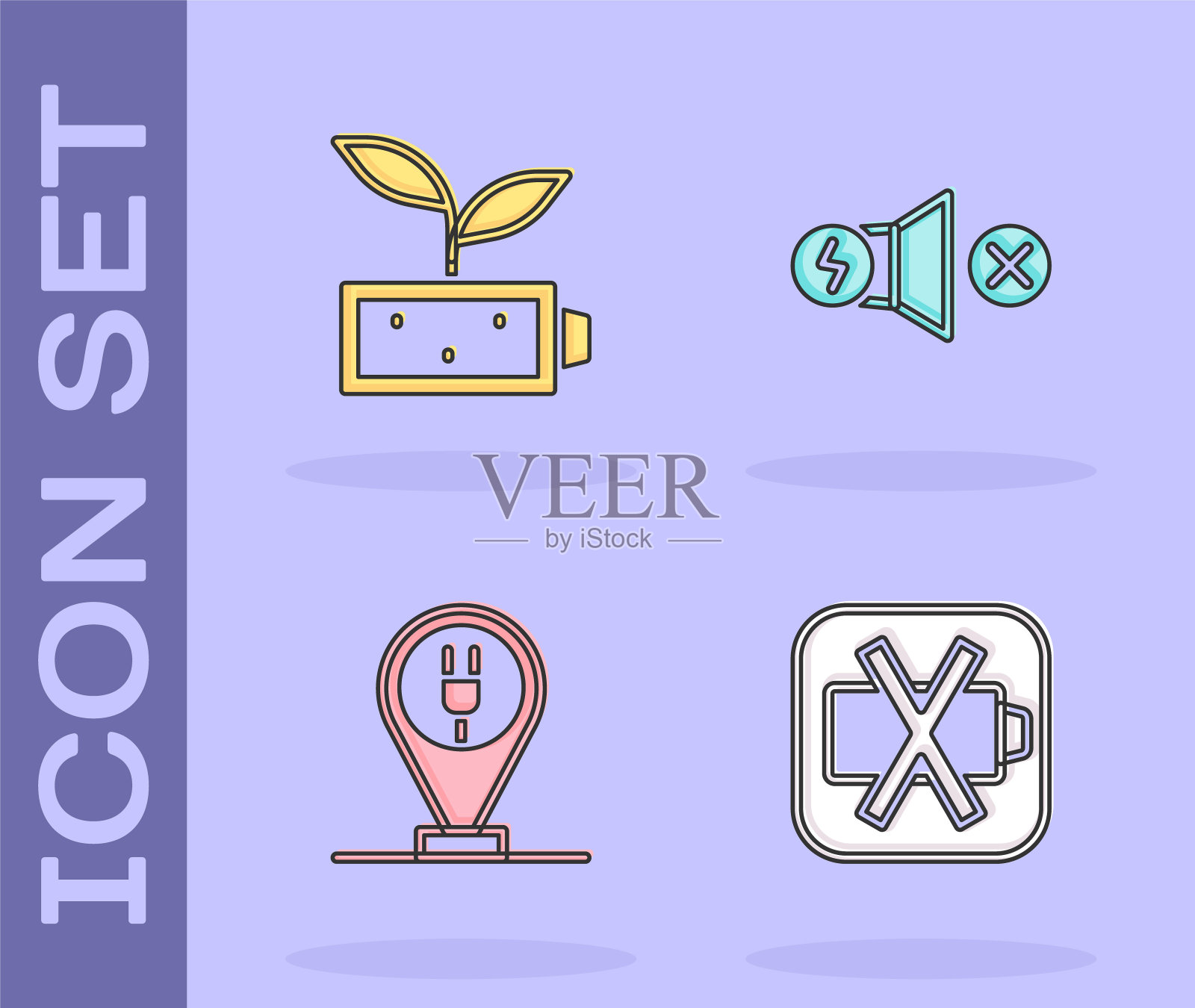 设置低电量，生态自然叶，充电停车电动车和电动机图标。向量插画图片素材