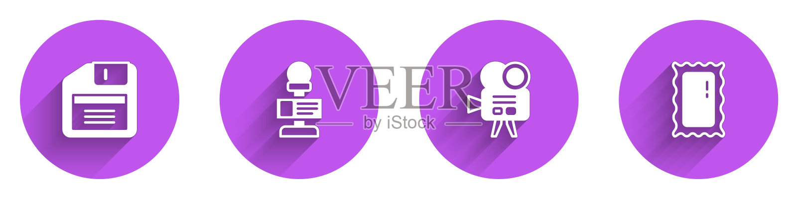 设置软盘，麦克风，复古电影相机和大全长镜像图标与长阴影。向量插画图片素材