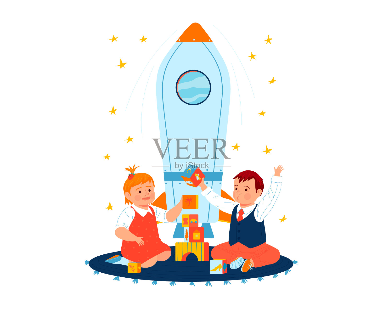 两个小孩在玩积木和火箭。男孩在玩耍学习和太空探索。早期教育与想象力成长向量图解插画图片素材