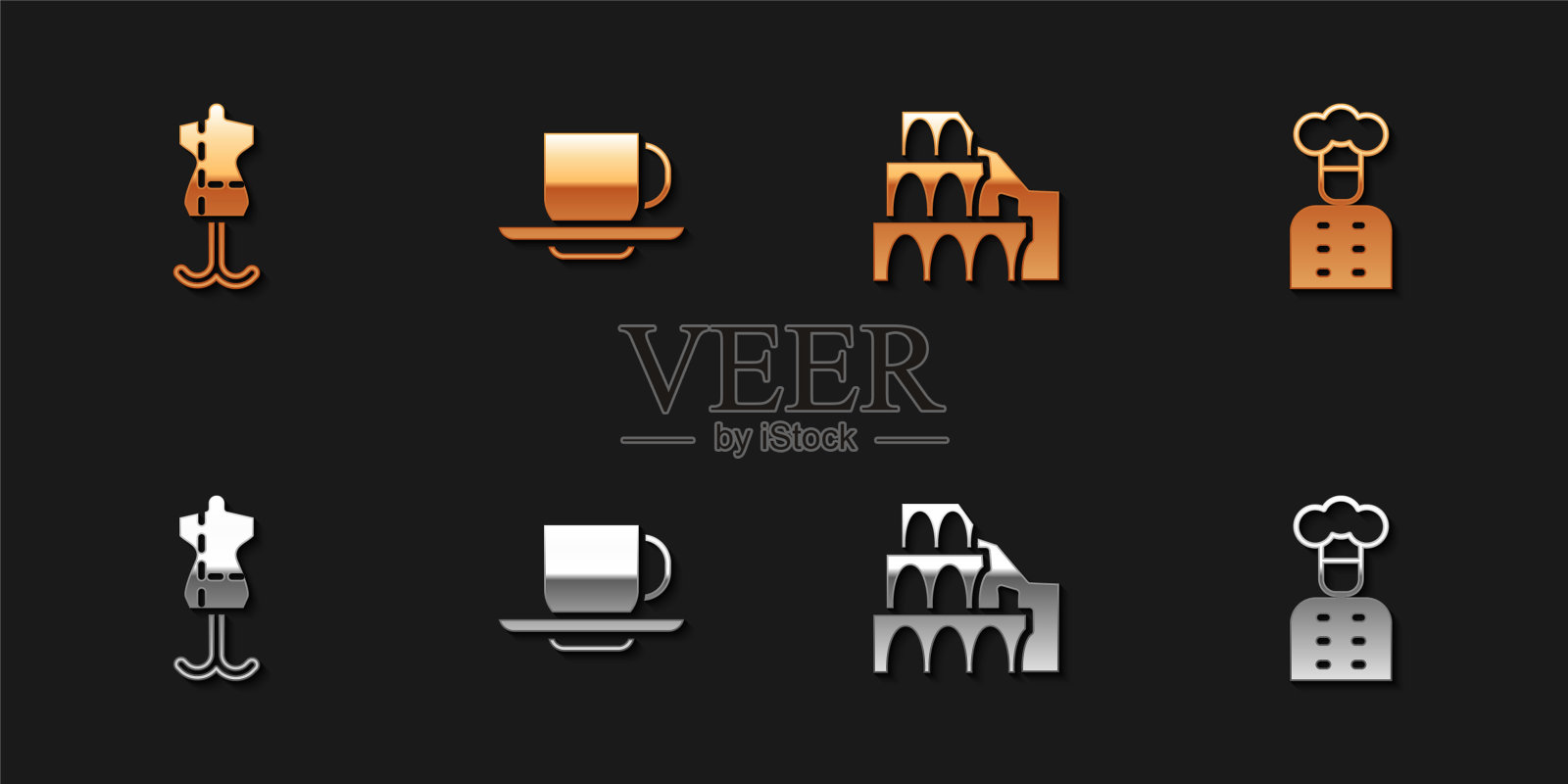 集人体模型，咖啡杯，罗马竞技场和意大利厨师图标。向量插画图片素材