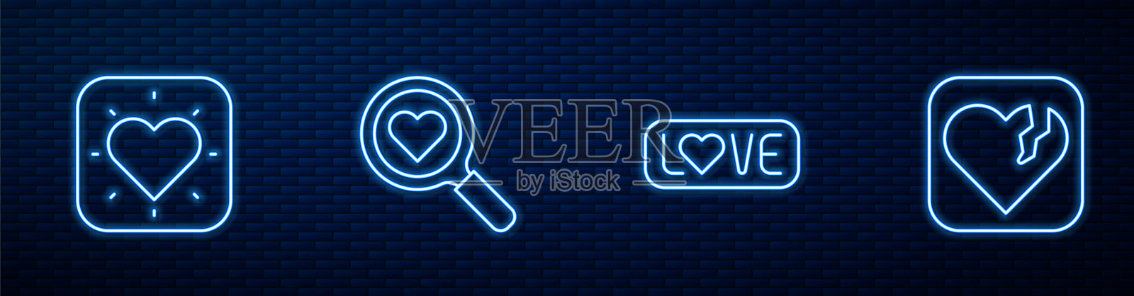 设行爱的文字，心，寻心，爱与破碎或离婚。砖墙上发光的霓虹灯图标。向量插画图片素材
