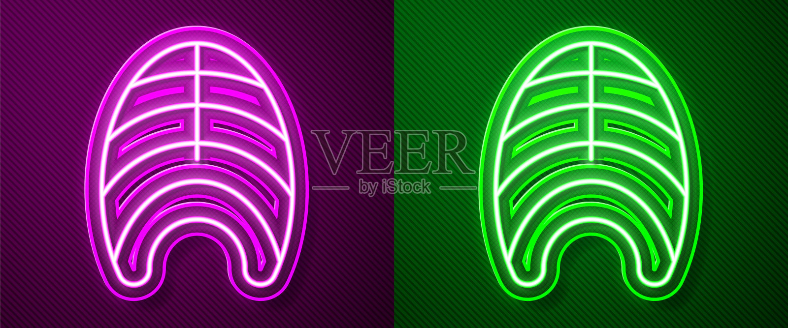 发光的霓虹灯线鱼牛排图标孤立的紫色和绿色的背景。向量插画图片素材