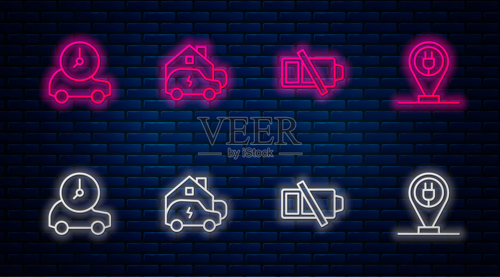 设有家用充电车，低电量，电动和停车电动。砖墙上发光的霓虹灯图标。向量插画图片素材