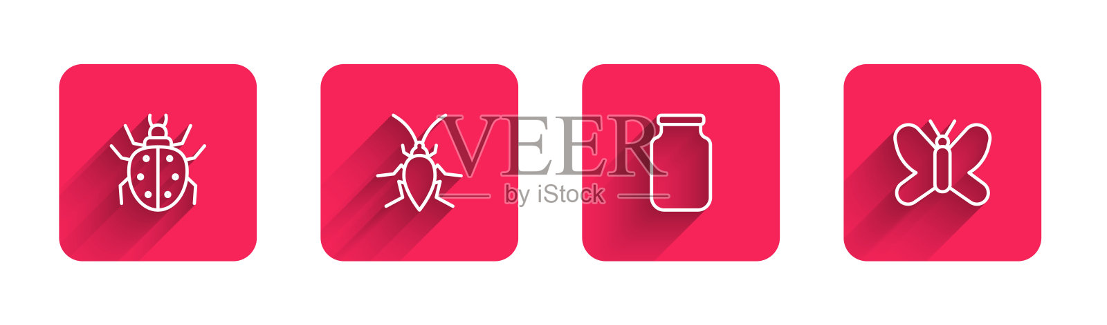 设置螨虫、蟑螂、玻璃罐、蝴蝶等长影线。红色方块按钮。向量插画图片素材