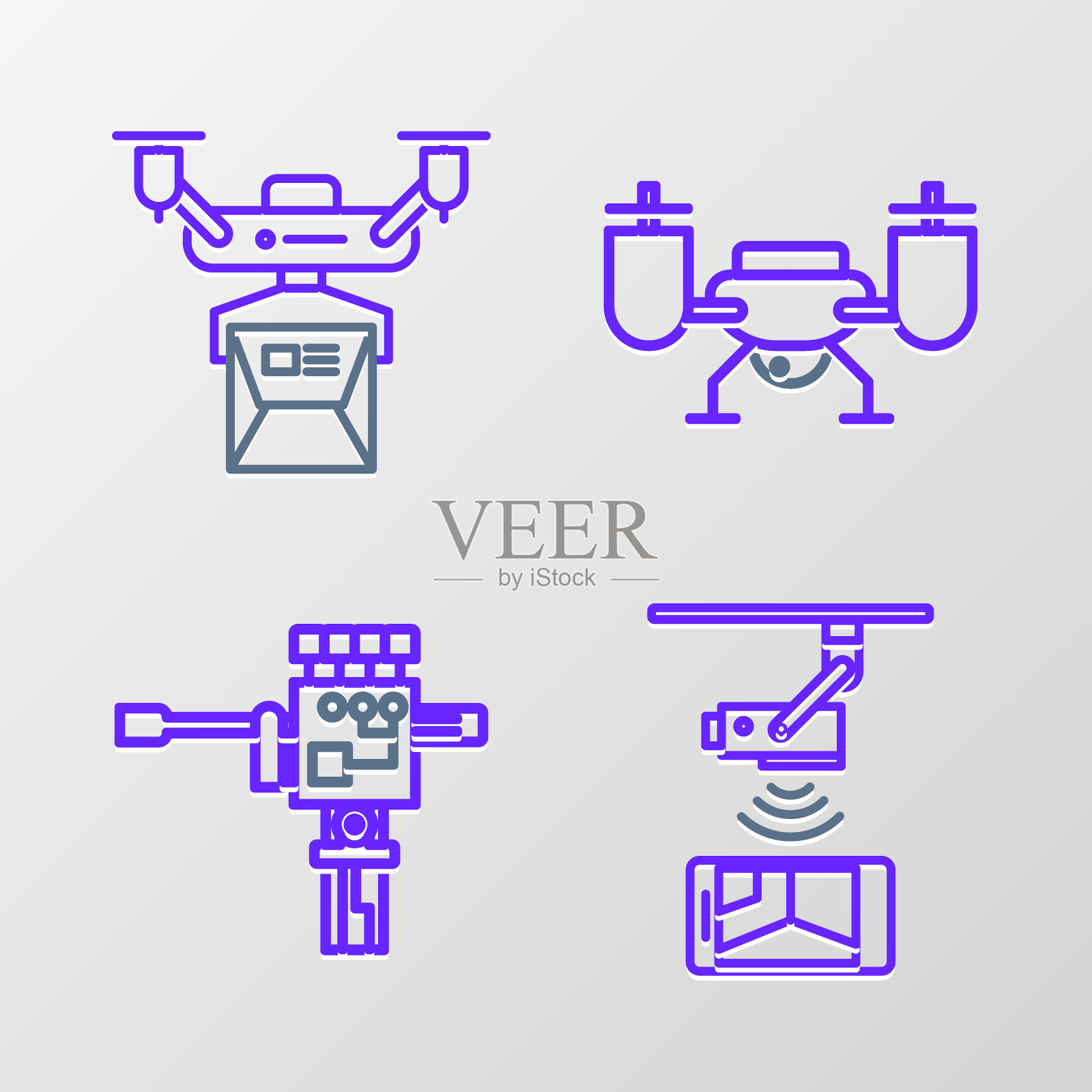 集线无线控制闭路电视安全摄像头，机械机械手和螺丝刀，无人机飞行与行动和交付概念图标。向量插画图片素材