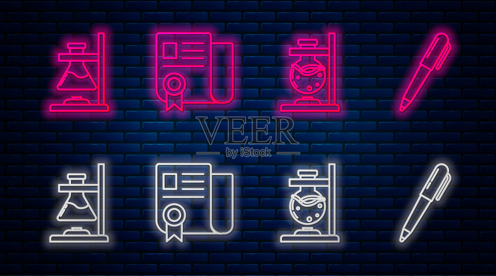 设置线证书模板，玻璃试管烧瓶在火上，玻璃试管烧瓶在火上和笔。砖墙上发光的霓虹灯图标。向量插画图片素材