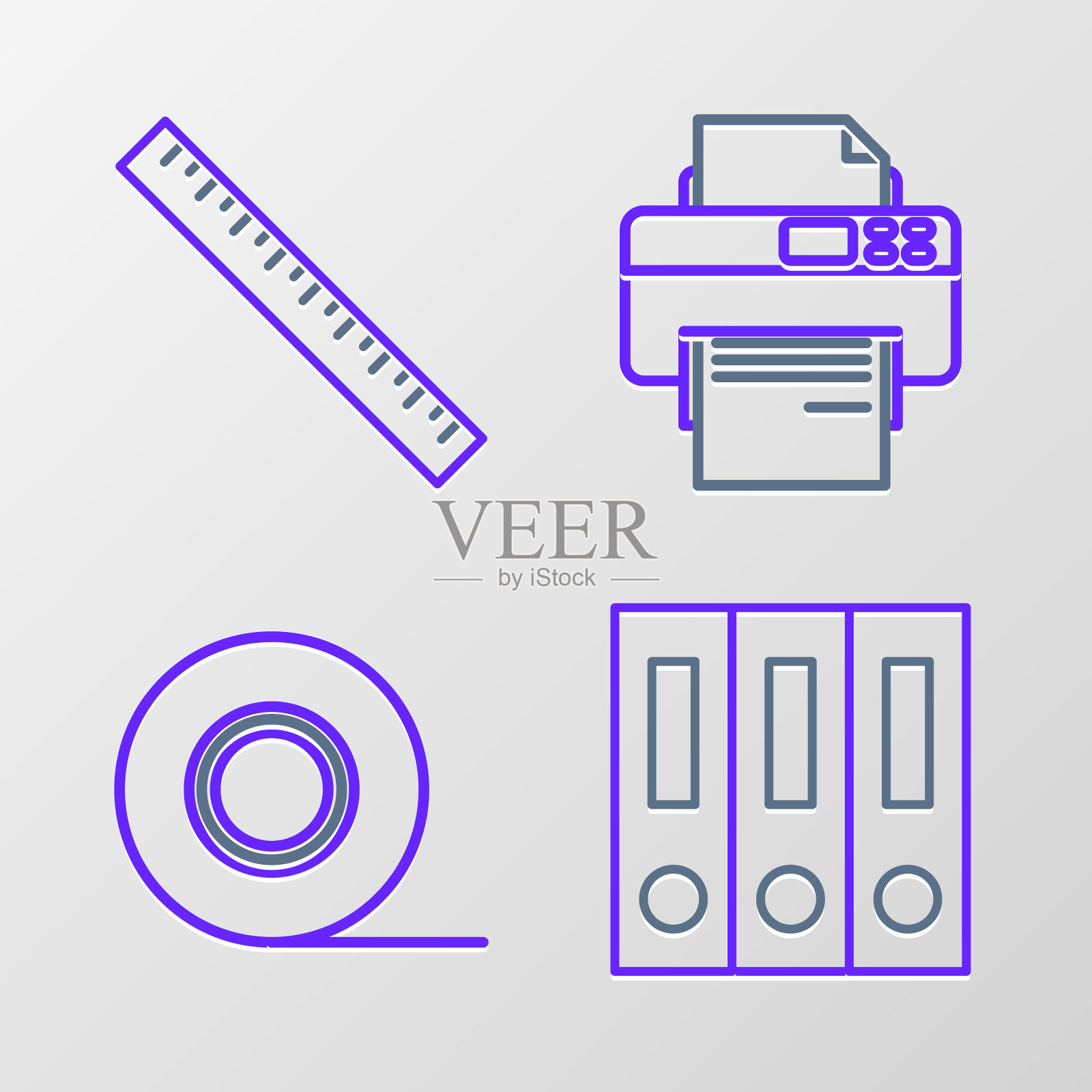 设置行办公文件夹与纸张和文件，苏格兰，打印机和标尺图标。向量插画图片素材
