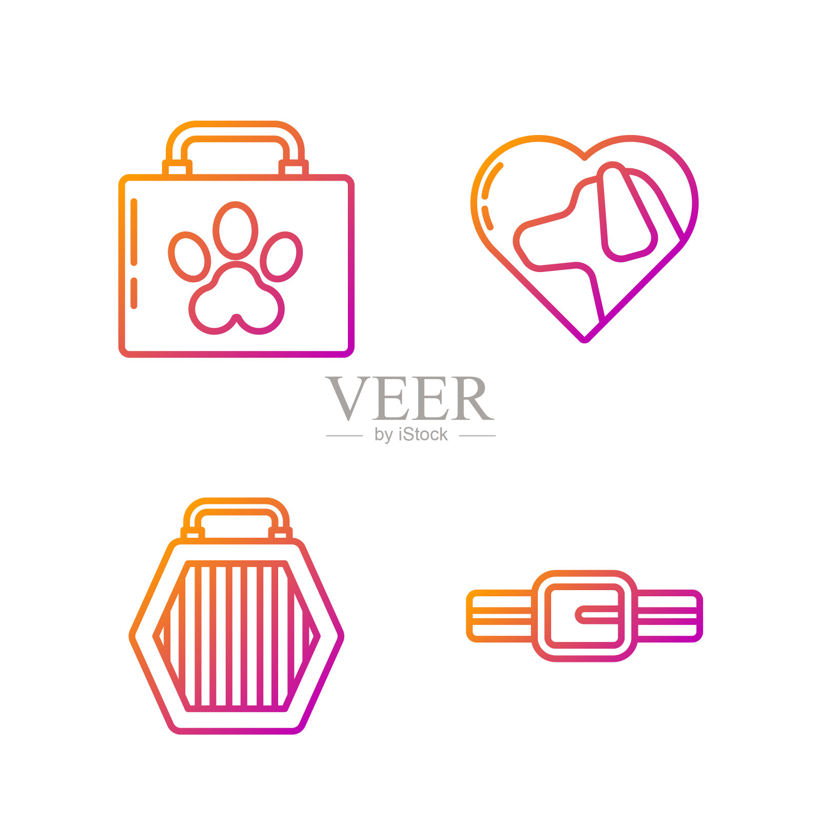 设置带名牌的项圈，宠物手提箱，宠物急救箱和带狗的心脏。渐变颜色图标。向量插画图片素材