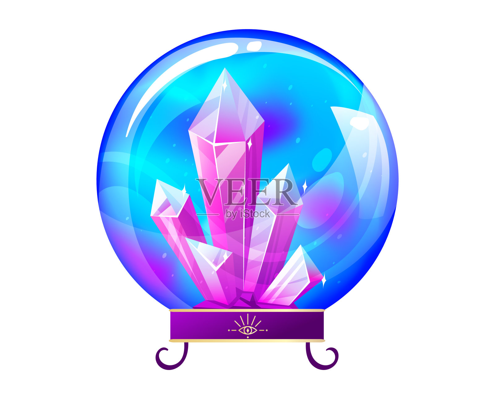 水晶球里有紫色的水晶，魔法球上有神秘的光芒。幻想算命和巫术概念矢量插图插画图片素材