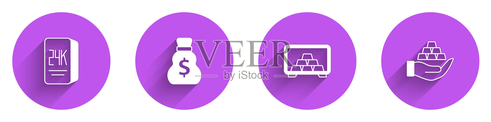 设置金条24k，旧钱袋，安全与黄金和在手图标长阴影。向量插画图片素材