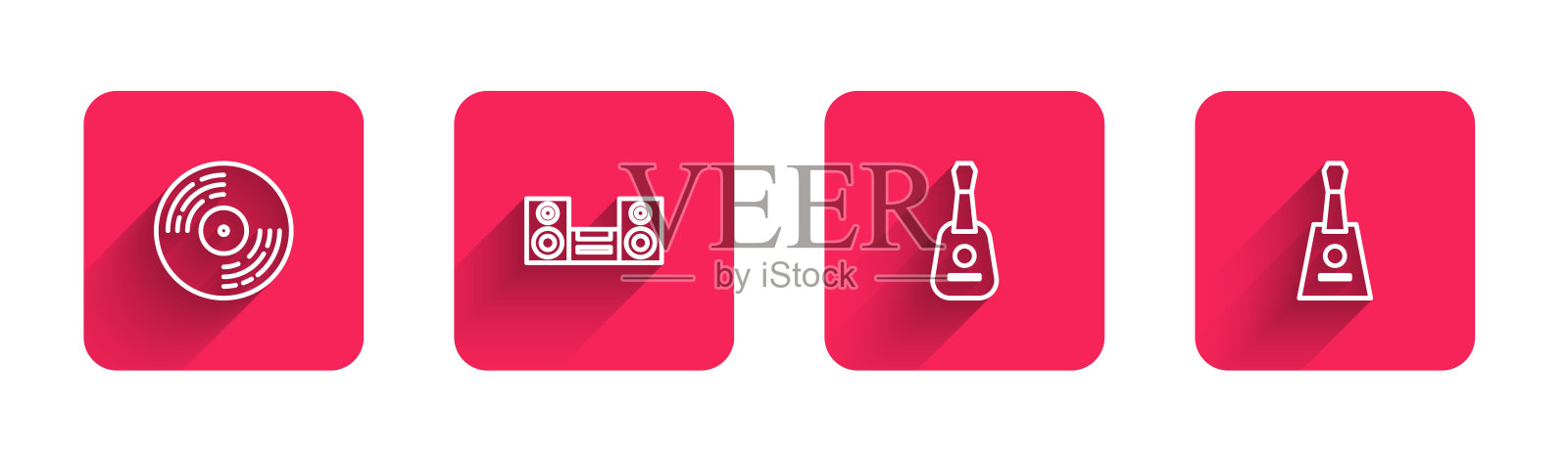 集线黑胶唱片，家庭立体声，吉他和巴拉莱卡与长阴影。红色方块按钮。向量插画图片素材