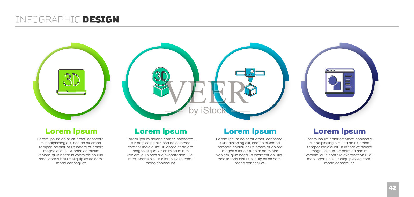 设置3D打印机、等距立方体和软件。业务信息图表模板。向量插画图片素材