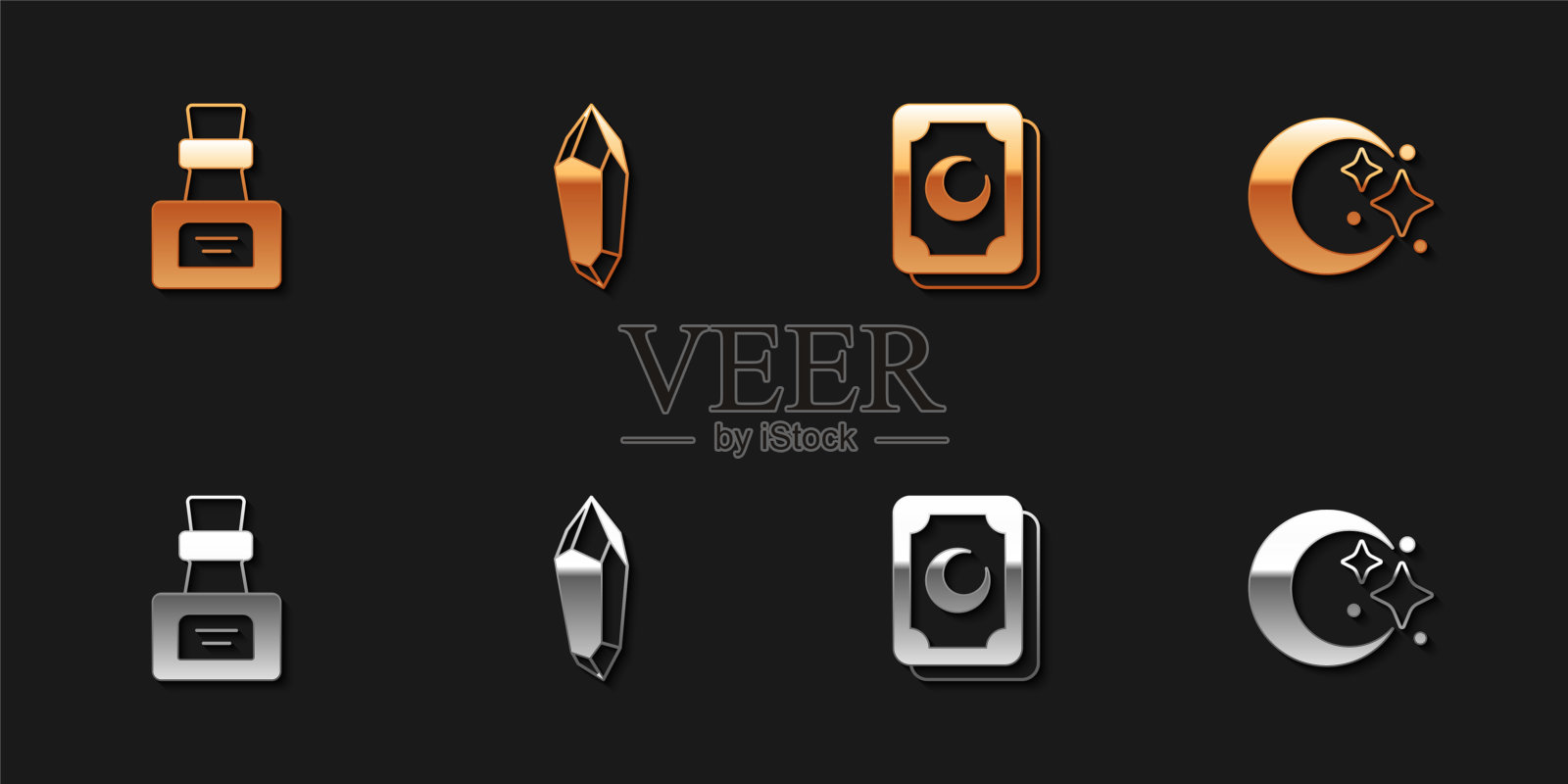 设置瓶子药水，魔法石，塔罗牌和月亮和星星的图标。向量插画图片素材