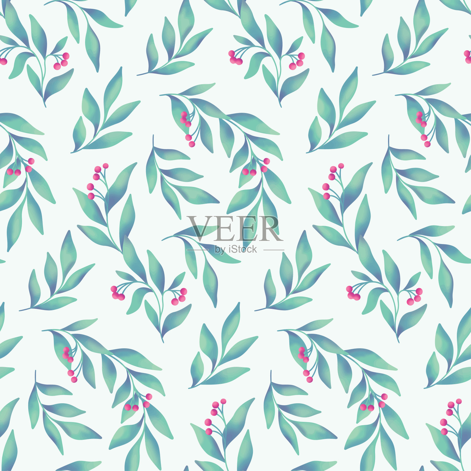 无缝花卉图案与水彩画的浆果，大叶子在一个抽象的安排在一个白色的背景。矢量插图。插画图片素材