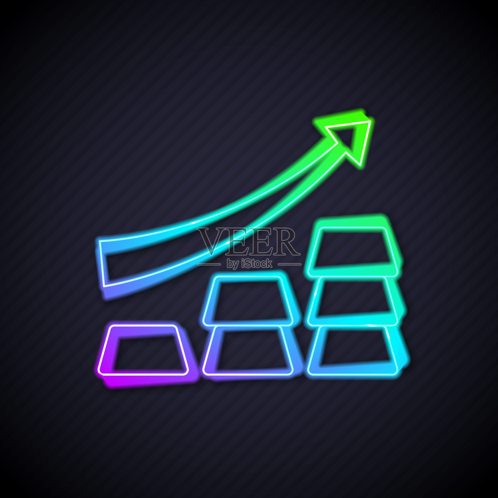 发光的霓虹灯线金融增长图表箭头与金条图标孤立的黑色背景。财务成功的概念。黄金投资理念。向量插画图片素材