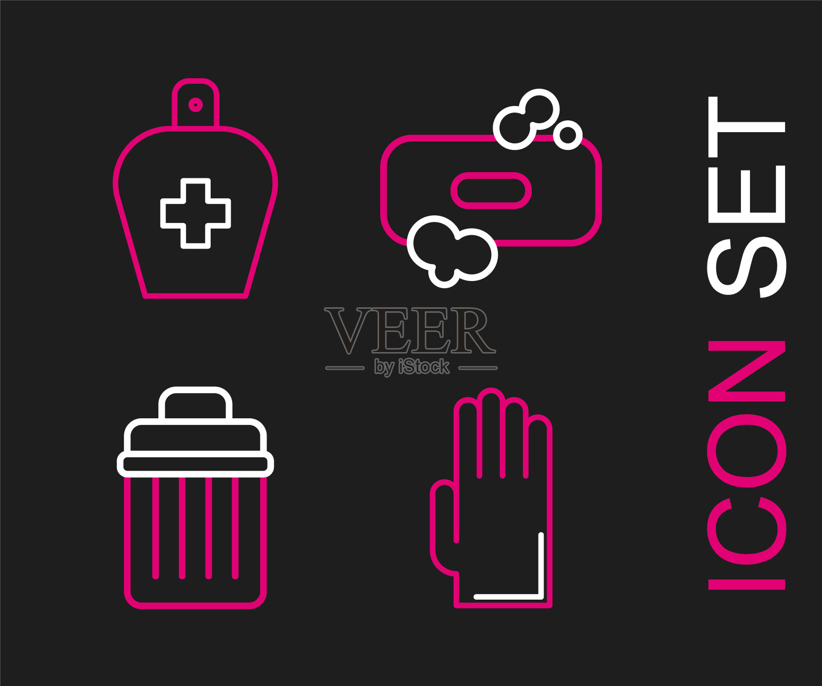 橡胶手套，垃圾桶，肥皂条和瓶装液体抗菌图标。向量插画图片素材