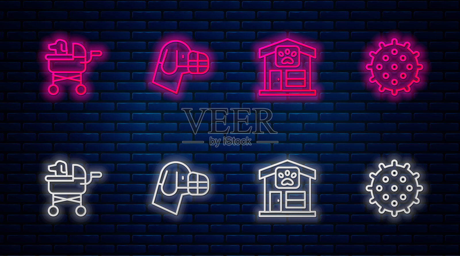 设置线狗在口鼻，宠物美容，婴儿车和网球。砖墙上发光的霓虹灯图标。向量插画图片素材