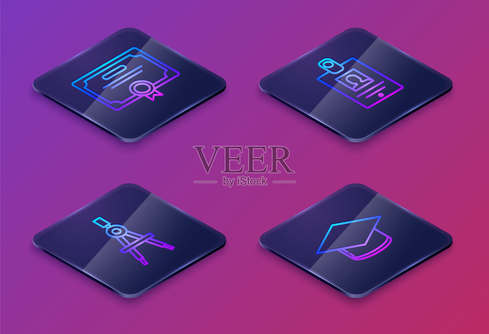 设置等距线证书模板，绘制罗盘，识别徽章和毕业帽。蓝色方形按钮。向量插画图片素材