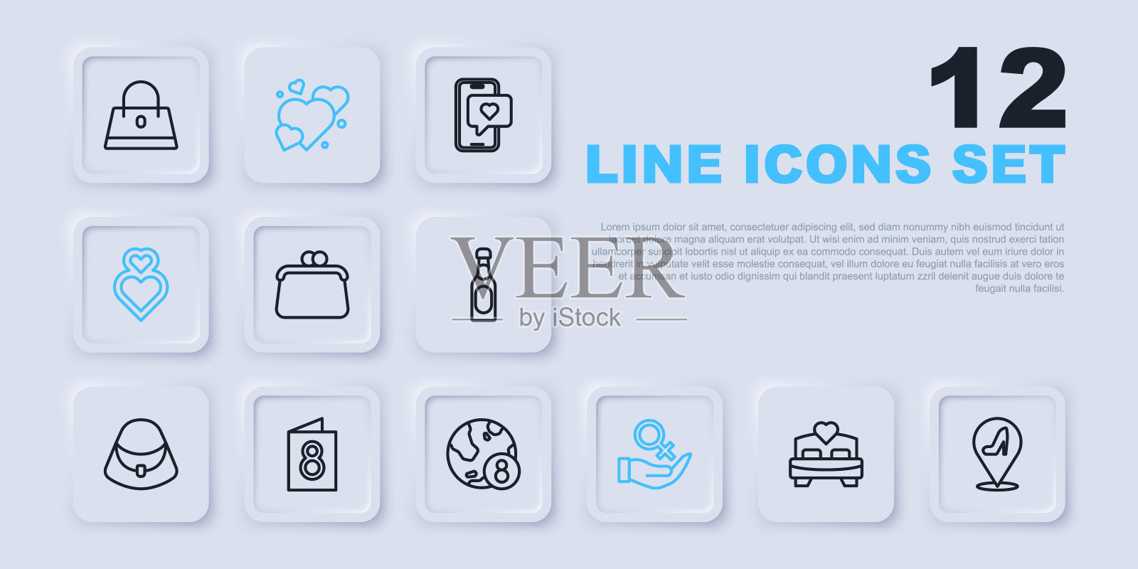 套装系列卧室，女鞋，手袋，女性性别符号，心脏，3月8日贺卡，国际妇女节图标。向量插画图片素材