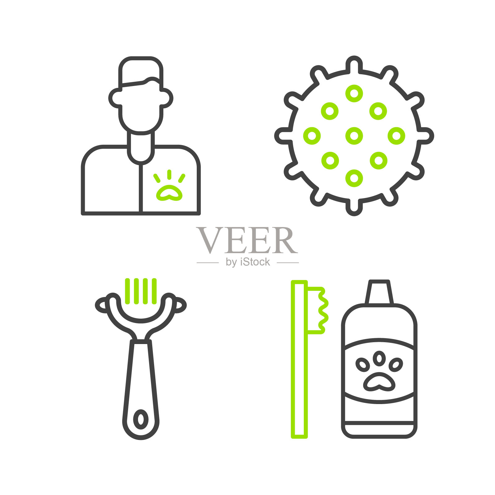 宠物牙齿卫生，毛刷狗和猫，网球和兽医图标。向量插画图片素材