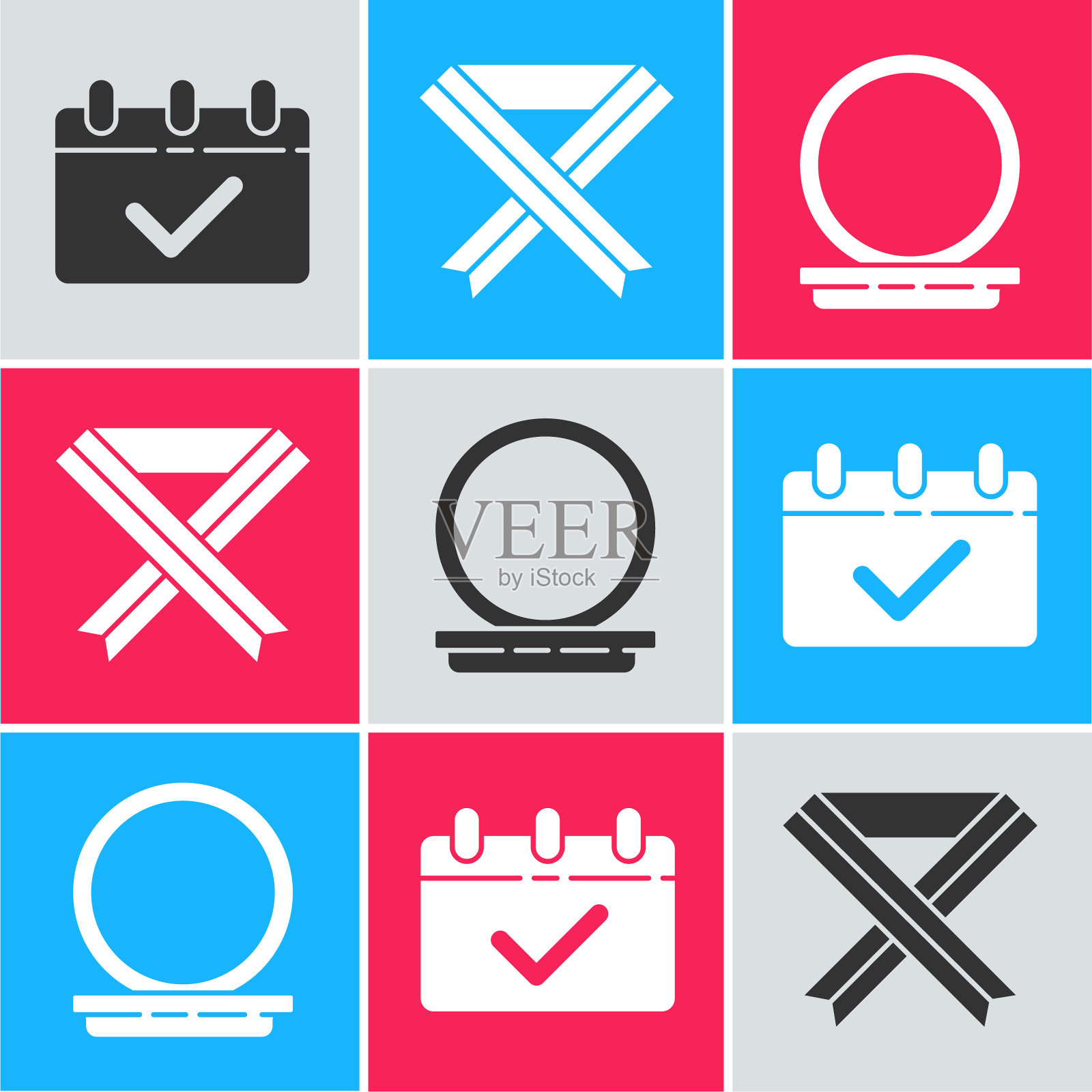 设置日历与3月8日，乳腺癌意识丝带和化妆粉与镜子图标。向量插画图片素材