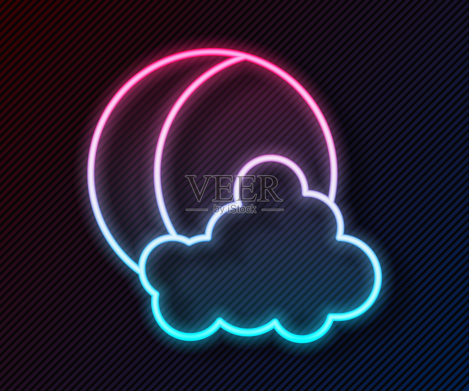 发光的霓虹灯线月亮和星星图标孤立的黑色背景。向量插画图片素材