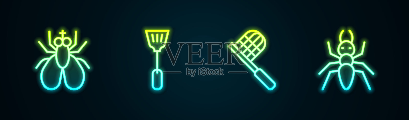 产品系列:蝇蝇、苍蝇拍、蝶网、蚂蚁。发光的霓虹灯图标。向量插画图片素材