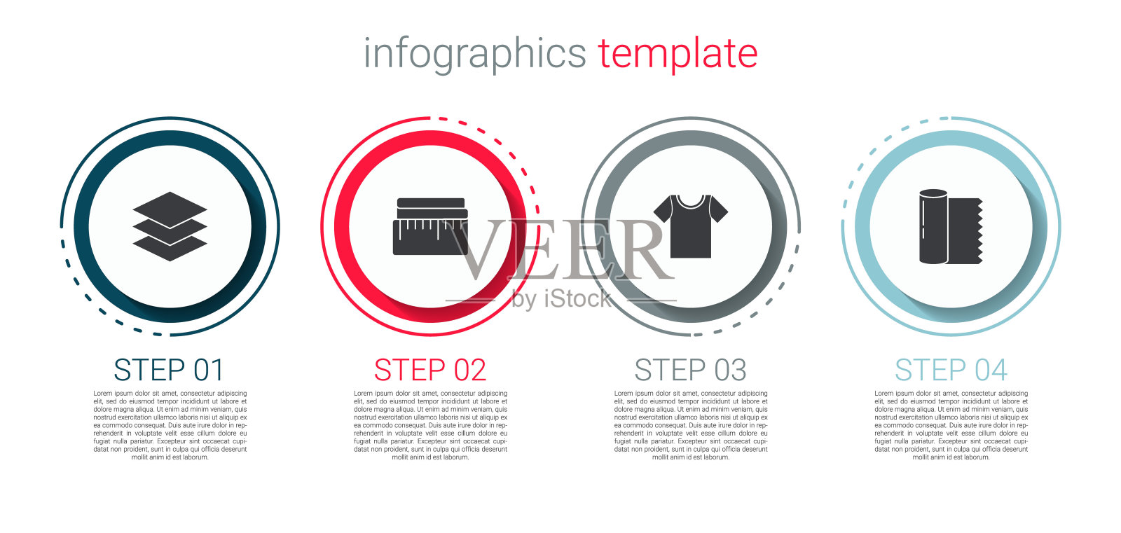 集层服装纺织品，卷尺，t恤和纺织面料卷。业务信息图表模板。向量插画图片素材