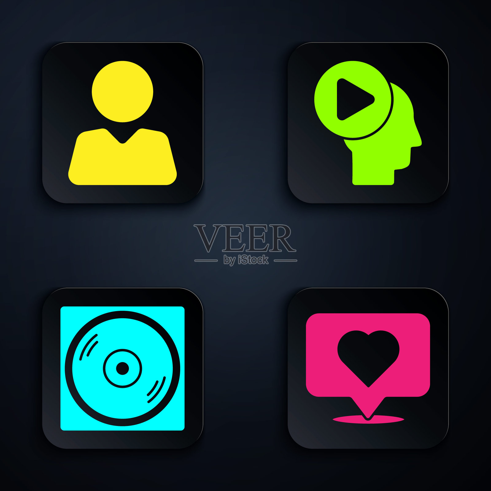 设置喜欢和心脏，添加到朋友，黑胶磁盘和头部的人与播放按钮。黑色方形按钮。向量插画图片素材