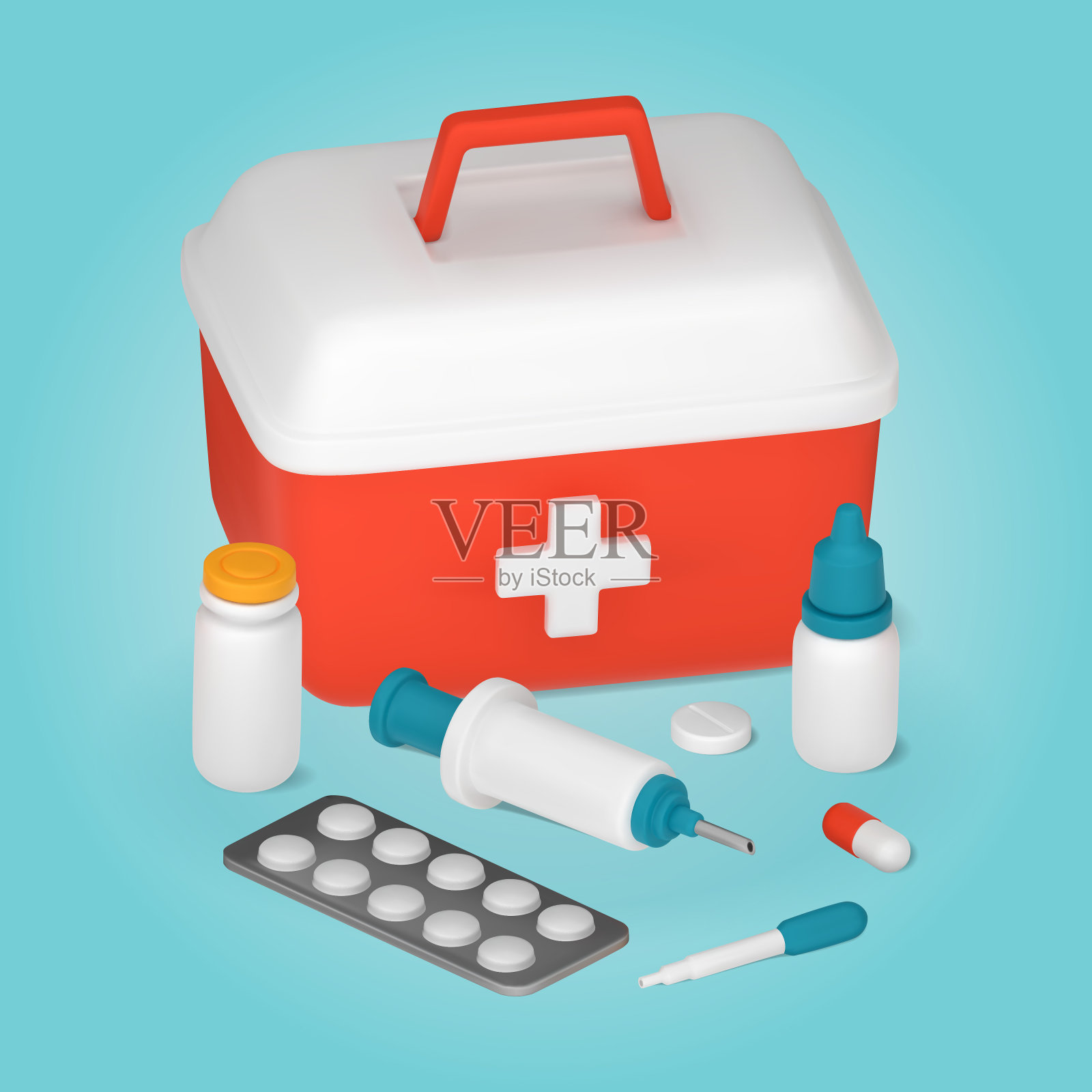 急救箱和医疗设备，药片，注射器，移液管。三维矢量图插画图片素材