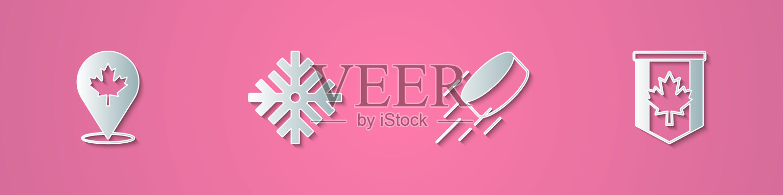 集剪纸加拿大枫叶，雪花，冰球和加拿大的旗帜图标。纸艺风格。向量插画图片素材