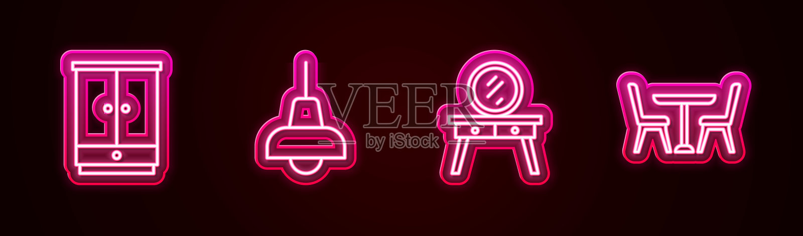 集衣柜、挂灯、梳妆台、桌椅于一体。发光的霓虹灯图标。向量插画图片素材