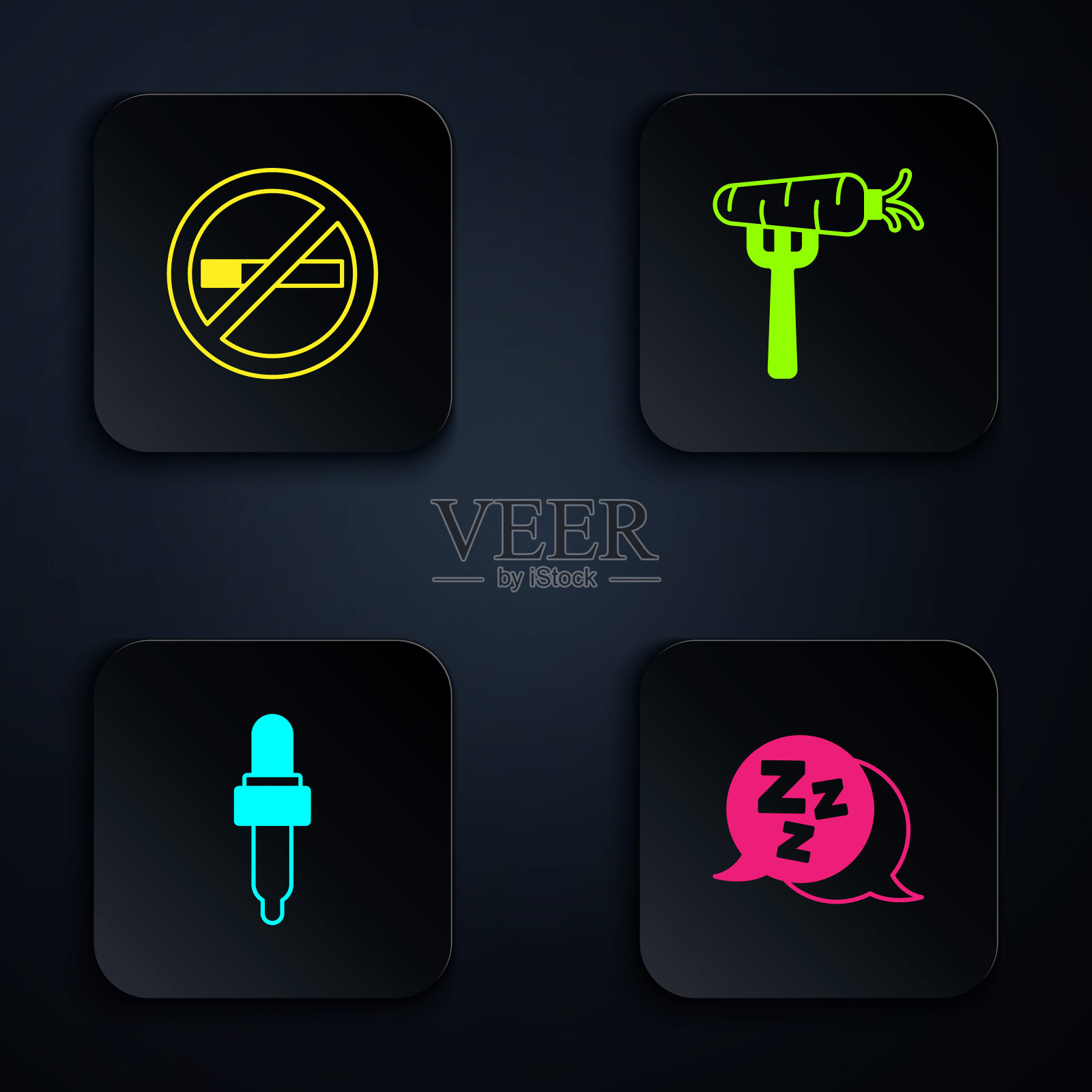 设置困倦，禁止吸烟，移液管与油和胡萝卜叉子。黑色方形按钮。向量插画图片素材