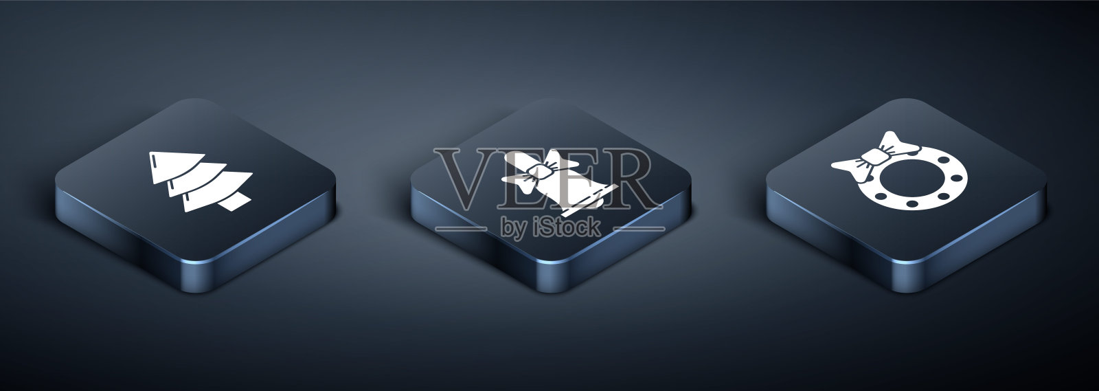 2.5D圣诞树、圣诞花环和圣诞铃铛图标矢量图插画图片素材