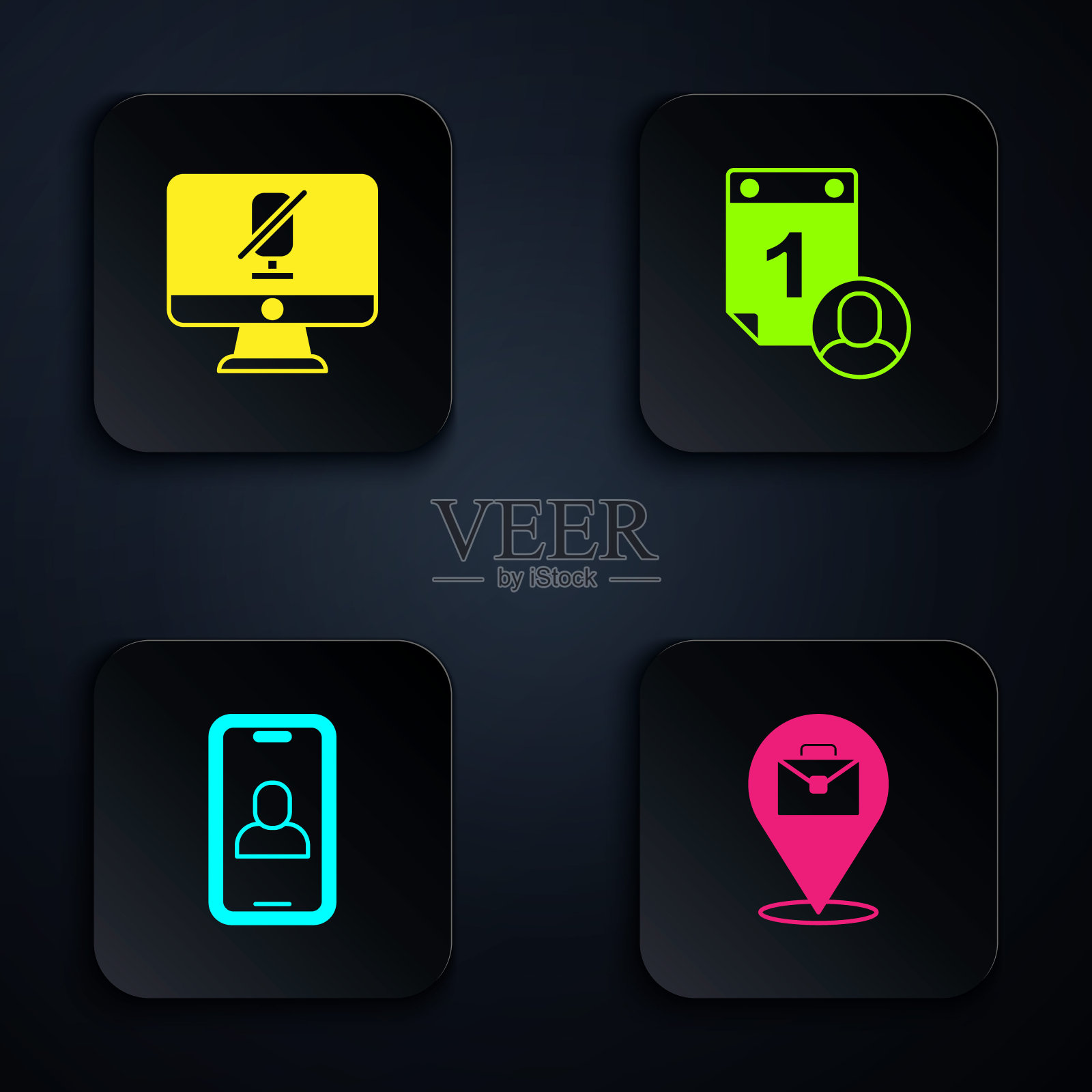 设置在线工作、电脑静音、视频聊天会议、时间管理。黑色方形按钮。向量插画图片素材