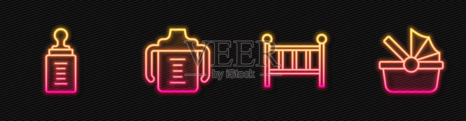 设置线婴儿床，摇篮床，奶瓶，和婴儿车。发光的霓虹灯图标。向量插画图片素材