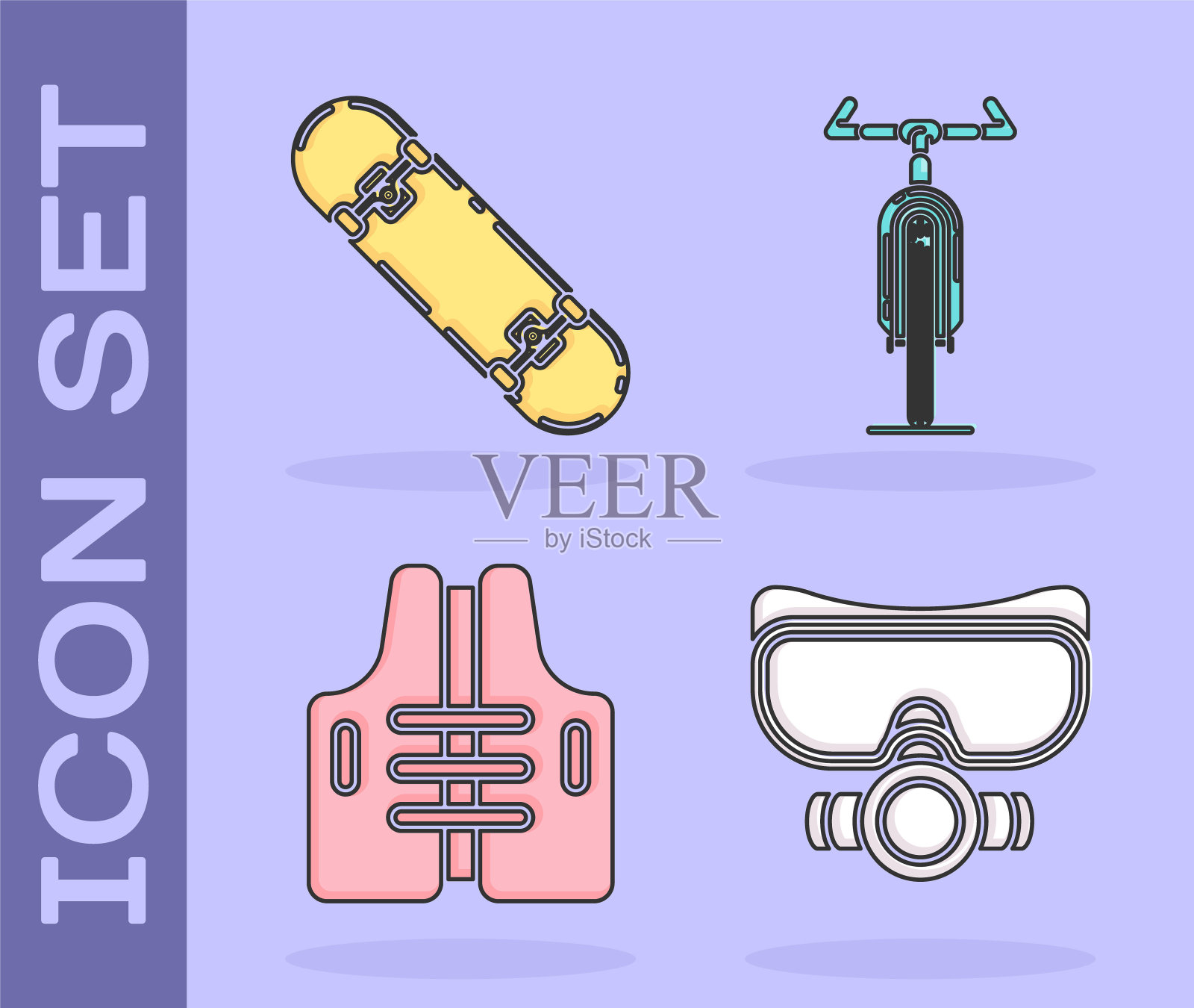 集潜水面具，滑板技巧，救生衣和自行车图标。向量插画图片素材