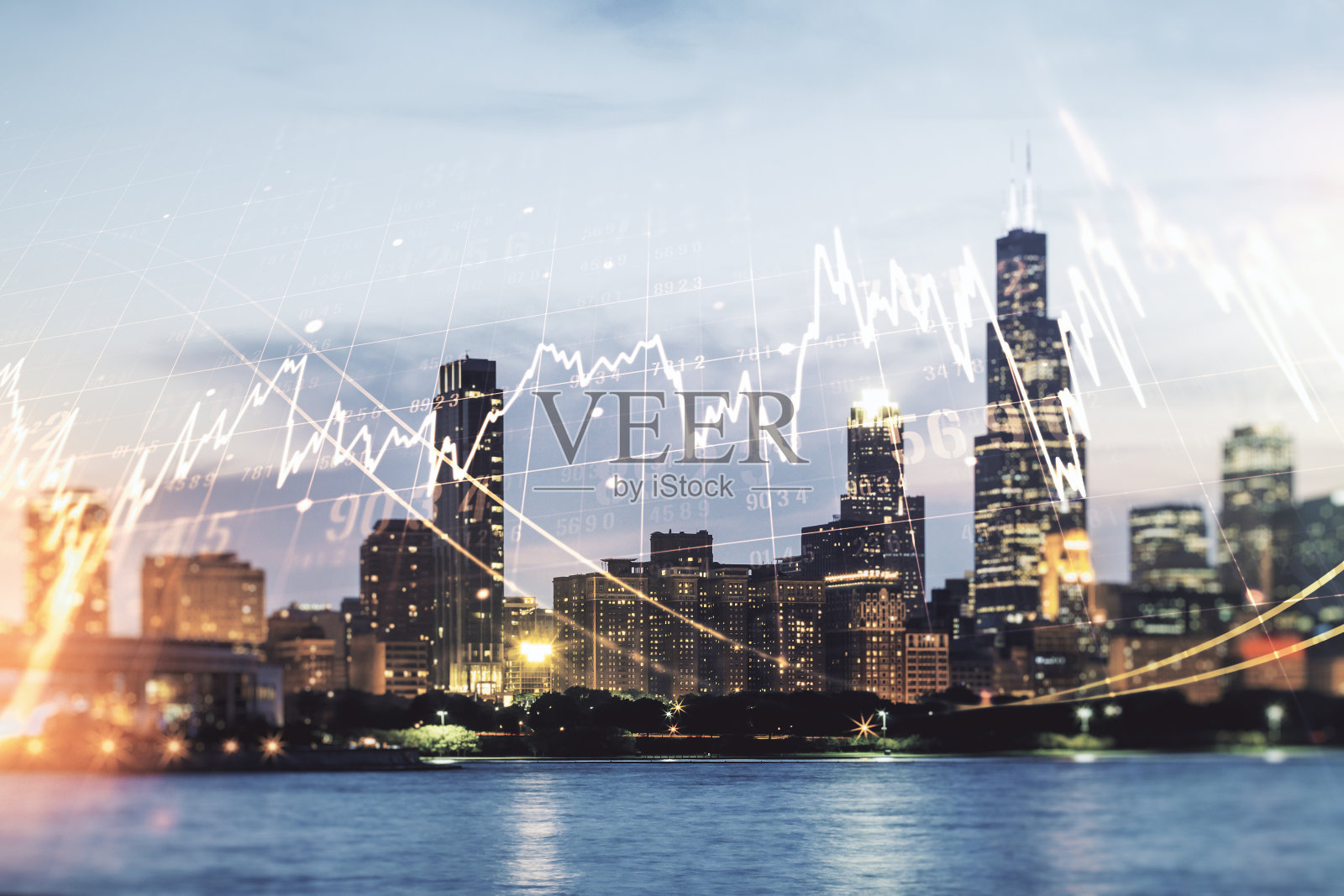 以芝加哥摩天大楼为背景的虚拟创意金融图表全息图的多重曝光，研究和分析概念照片摄影图片