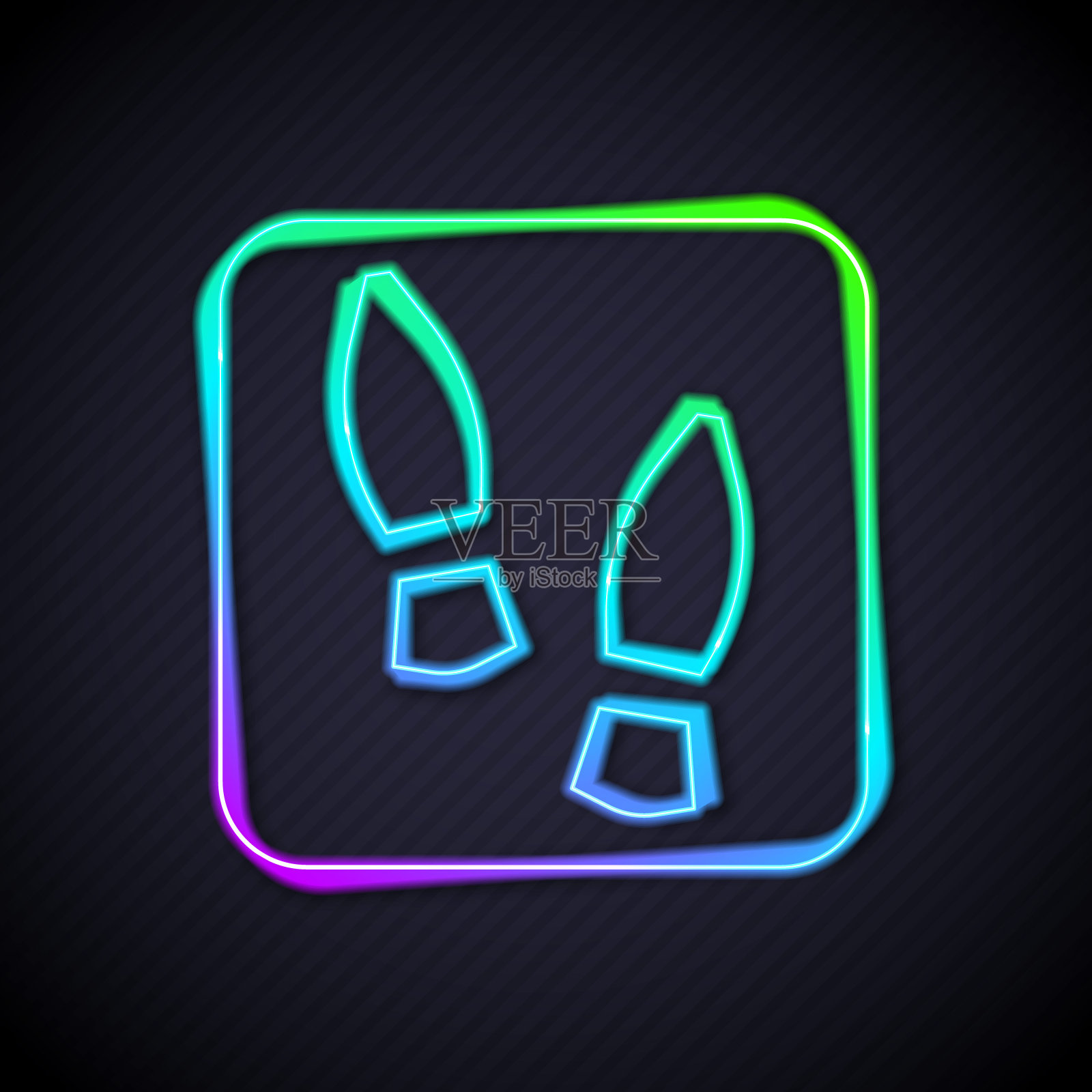 发光的霓虹灯线人类脚印鞋图标孤立的黑色背景。鞋鞋底。向量插画图片素材