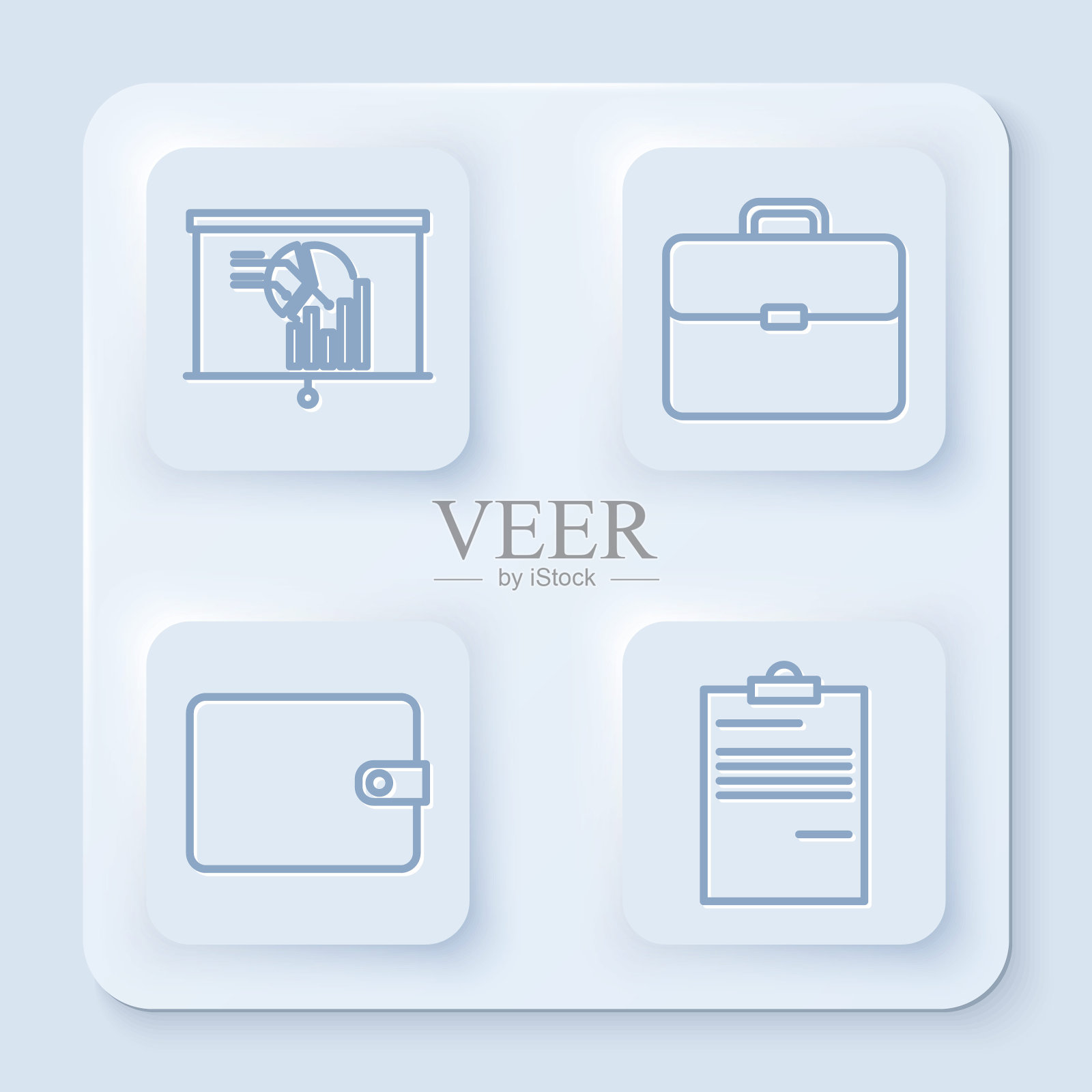 设置线板与图表，公文包，钱包和文件。白色方形按钮。向量插画图片素材