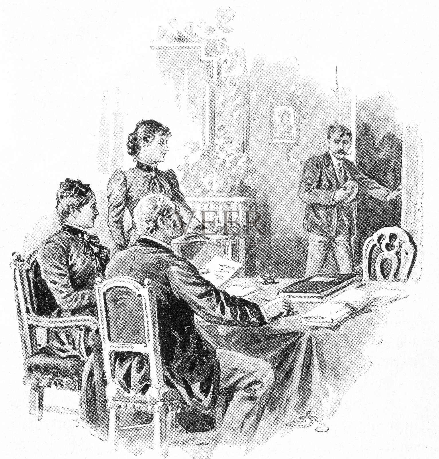 一男一女身着19世纪的服装坐在书桌前，老式插图，1894年插画图片素材