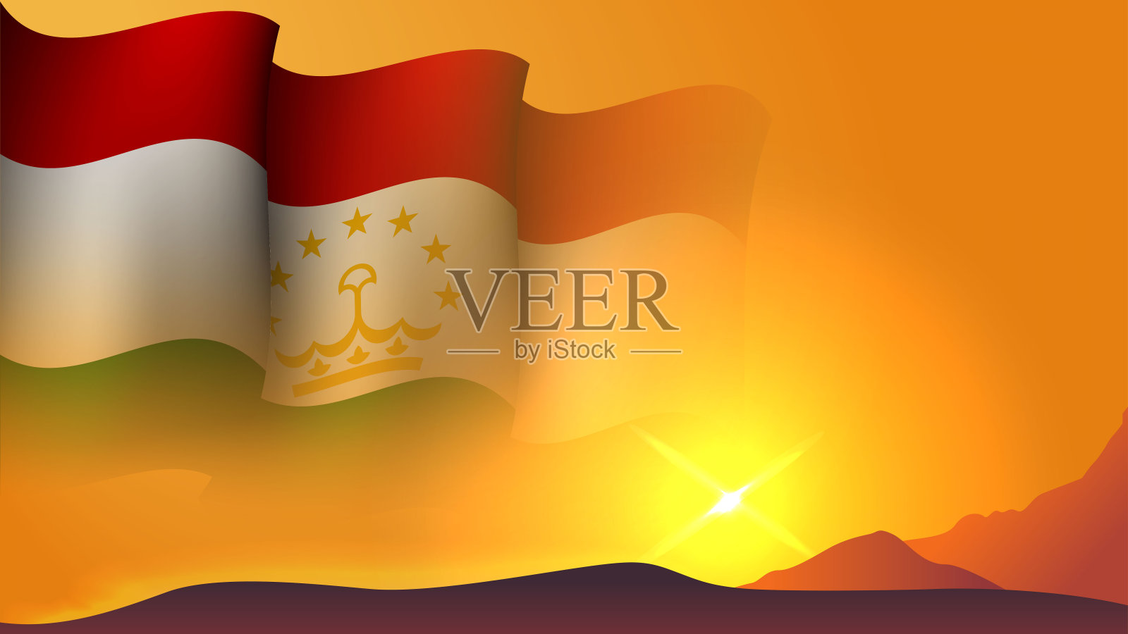 塔吉克斯坦挥舞旗帜背景设计上的日落视图矢量插图插画图片素材