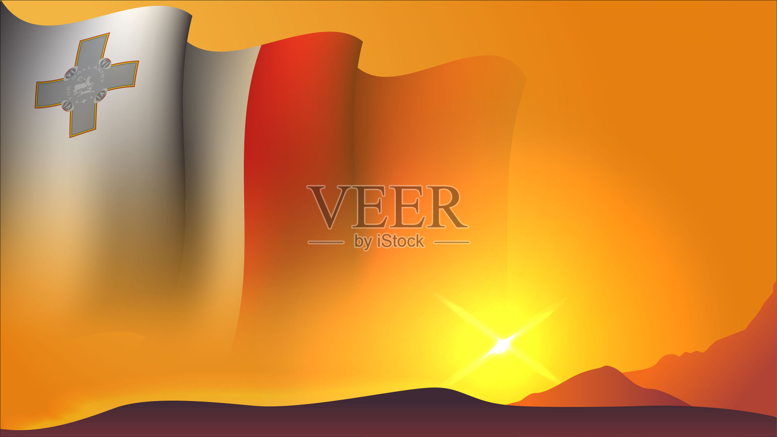 马耳他挥舞旗帜背景设计上的日落视图矢量插图插画图片素材