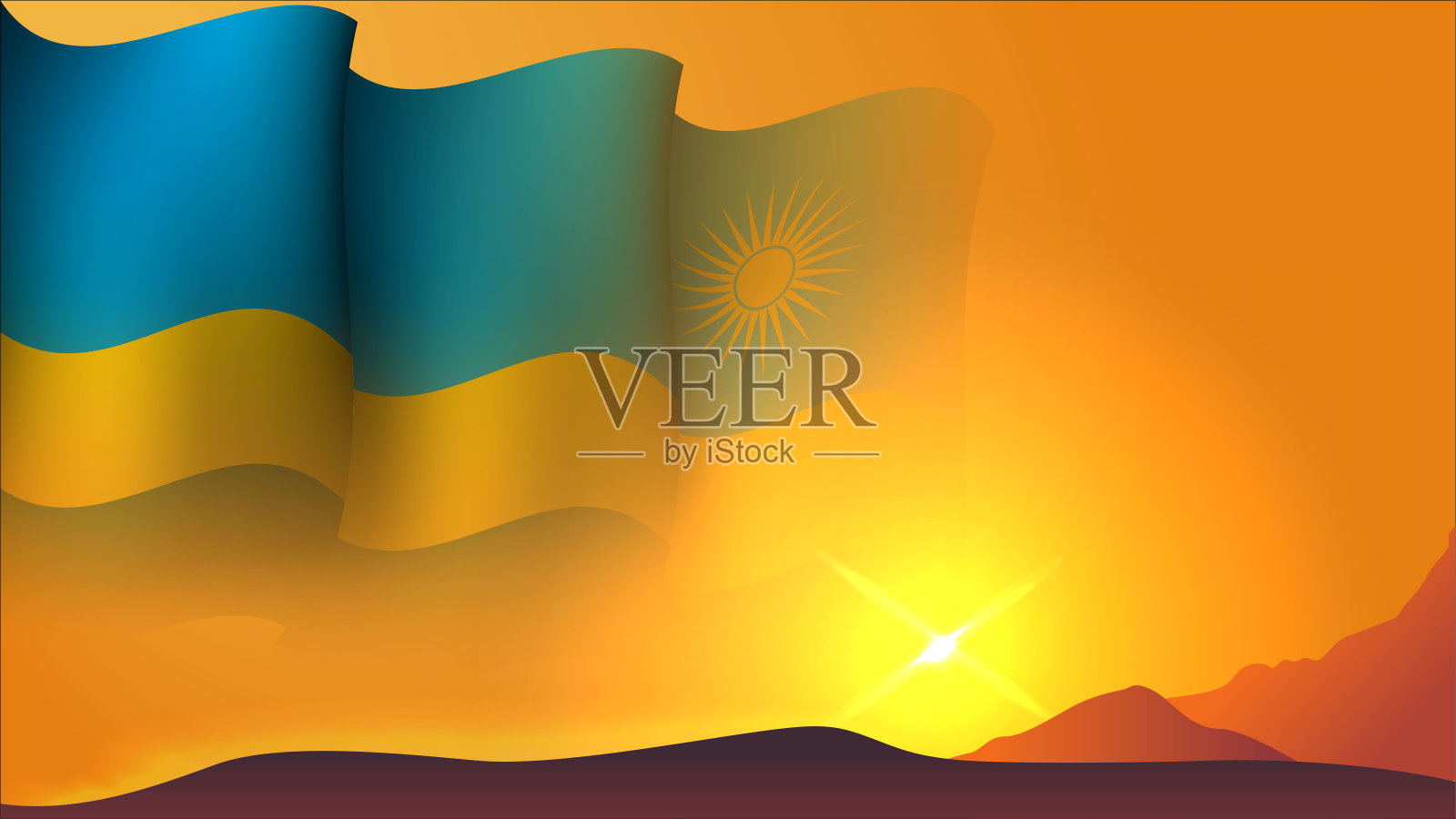 卢旺达挥舞的旗帜概念背景设计与日落在山上矢量插图插画图片素材