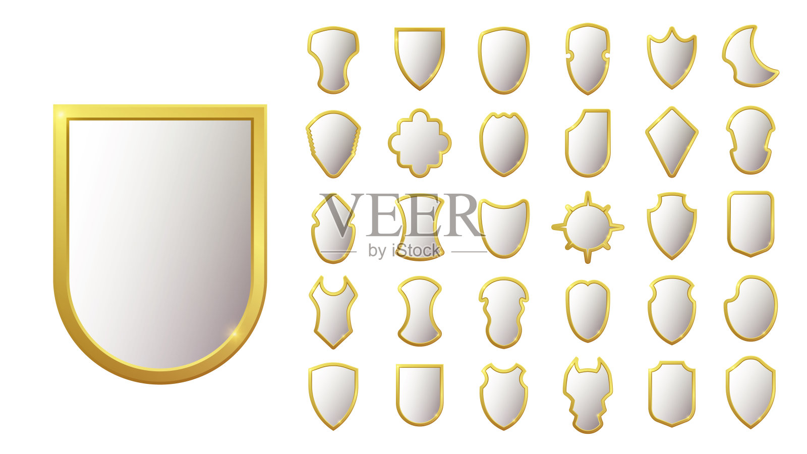 一套现实的金色纹章盾牌。玻璃和光滑的盾牌收集。矢量插图。插画图片素材