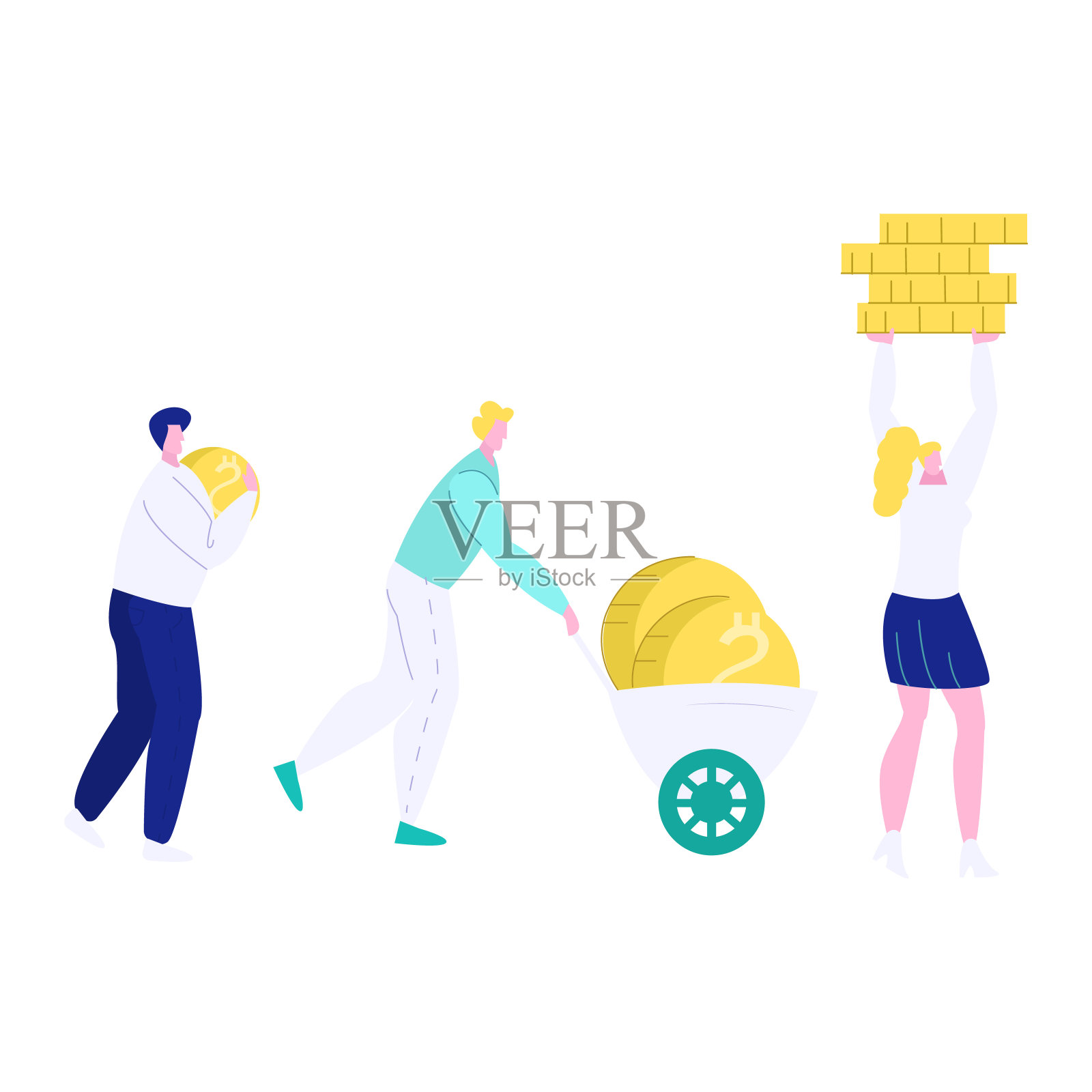 有人扛着大硬币和金条，有人推着装满硬币的手推车。财务成功和储蓄概念矢量插图插画图片素材