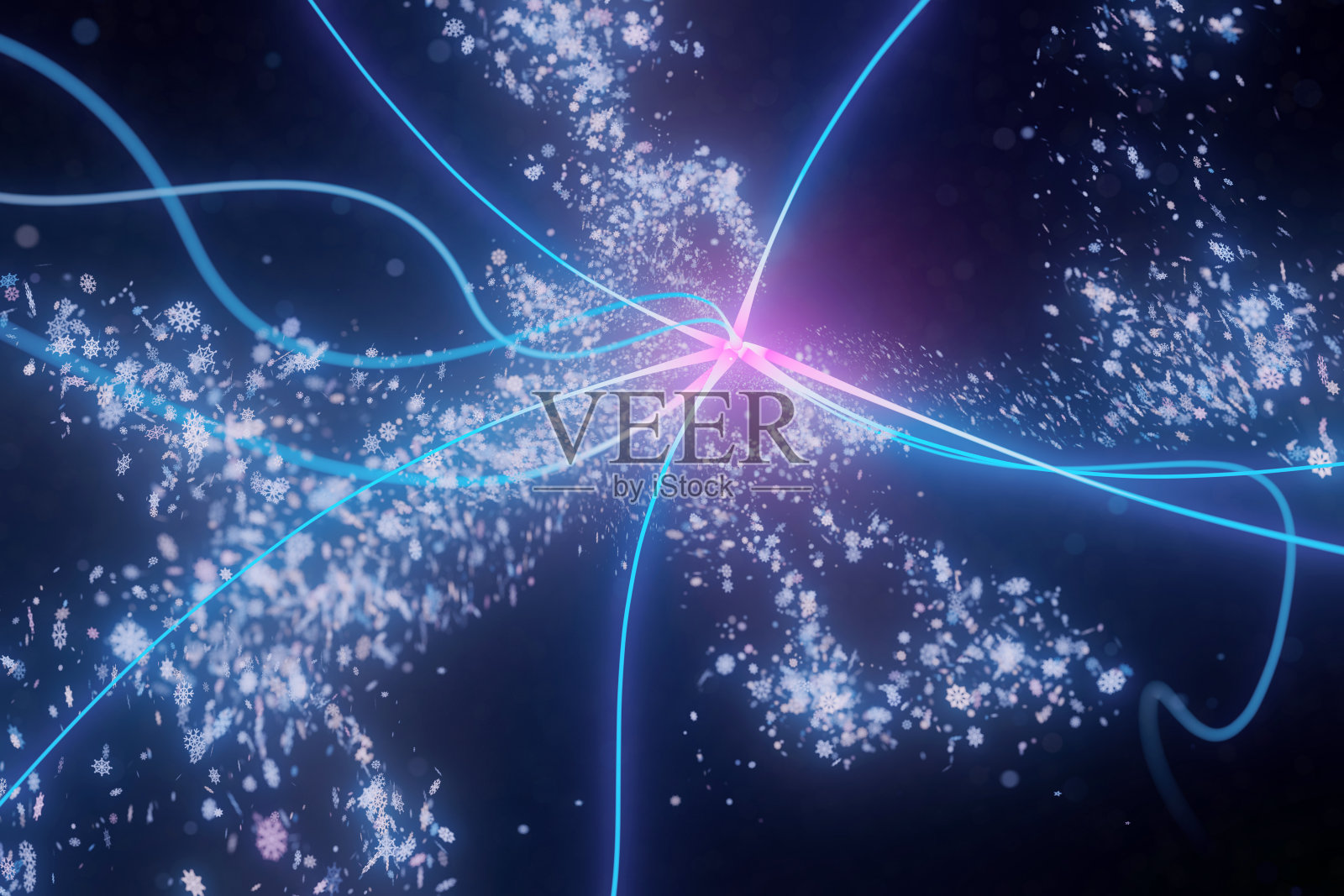 闪亮的弦汇聚成点，在黑色空间中切割雪花和粒子群，计算机图形数字生成图像，美丽的3D背景照片摄影图片