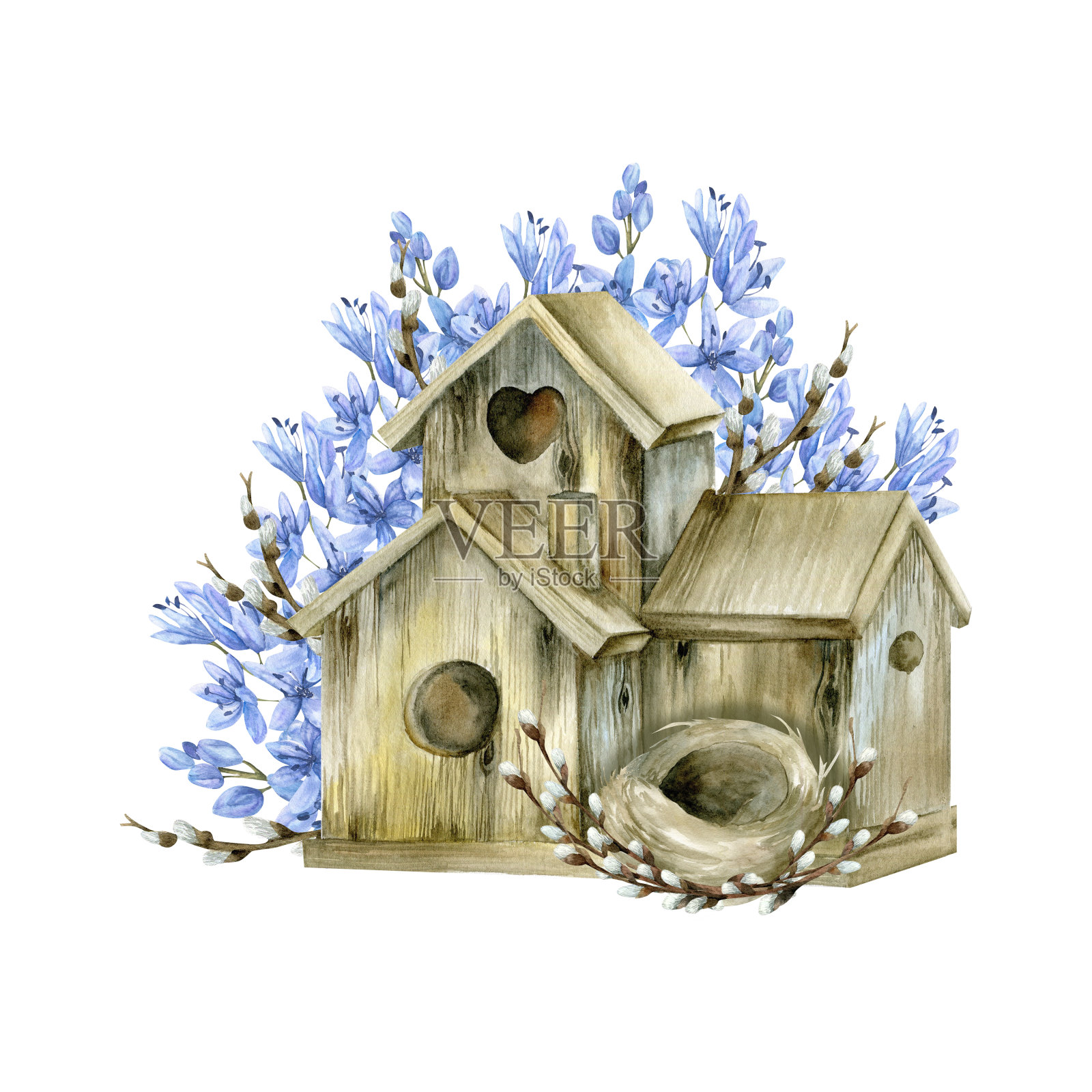水彩木制鸟屋与巢柳枝和春天丁香蓝色盛开的花朵插图。复活节快乐作文为请柬，贺卡，标签，标志设计。春天装饰插画图片素材