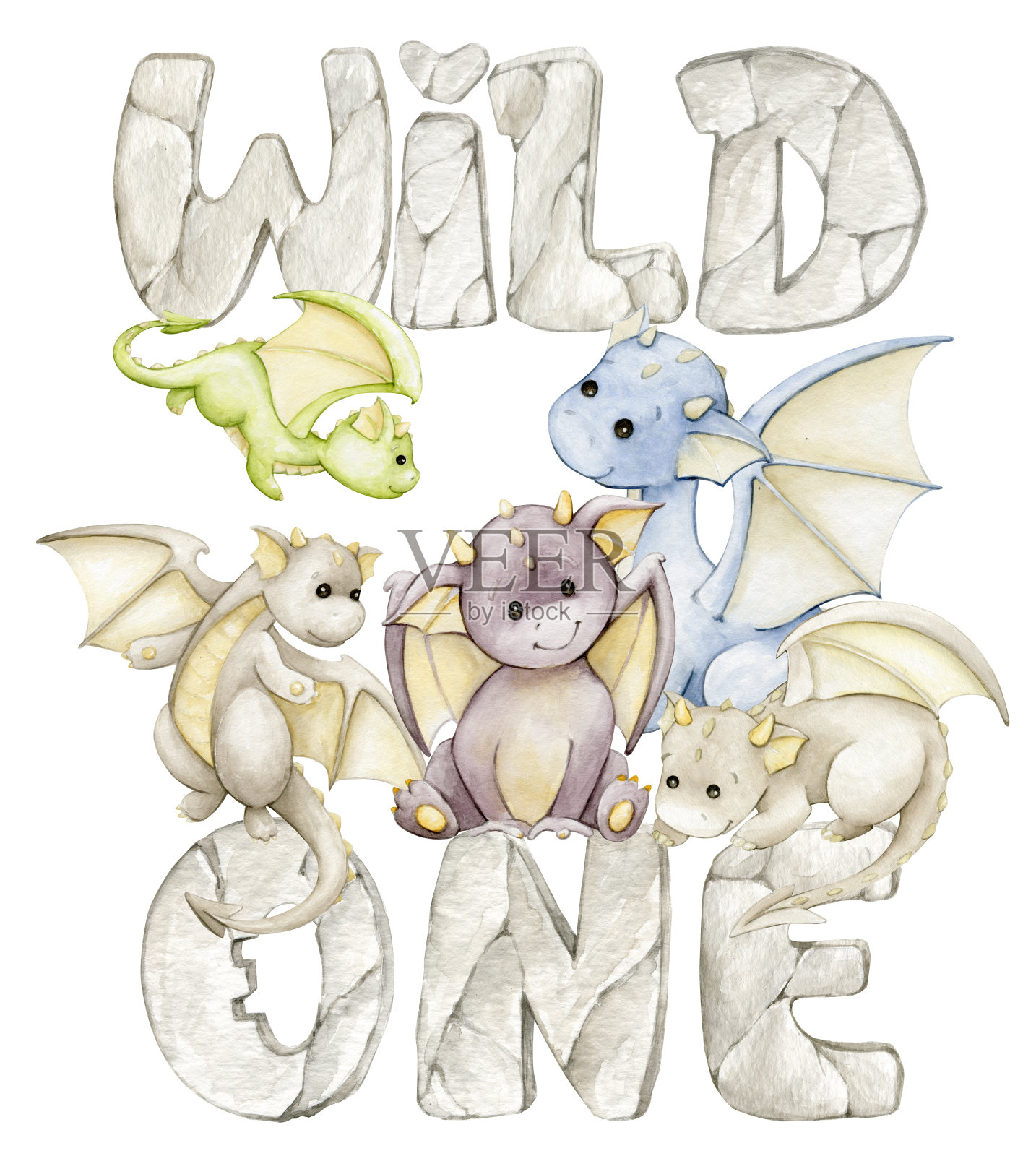 龙野生一个字母水彩剪贴画可爱的动物在卡通风格，但孤立的背景，水彩剪贴画插画图片素材