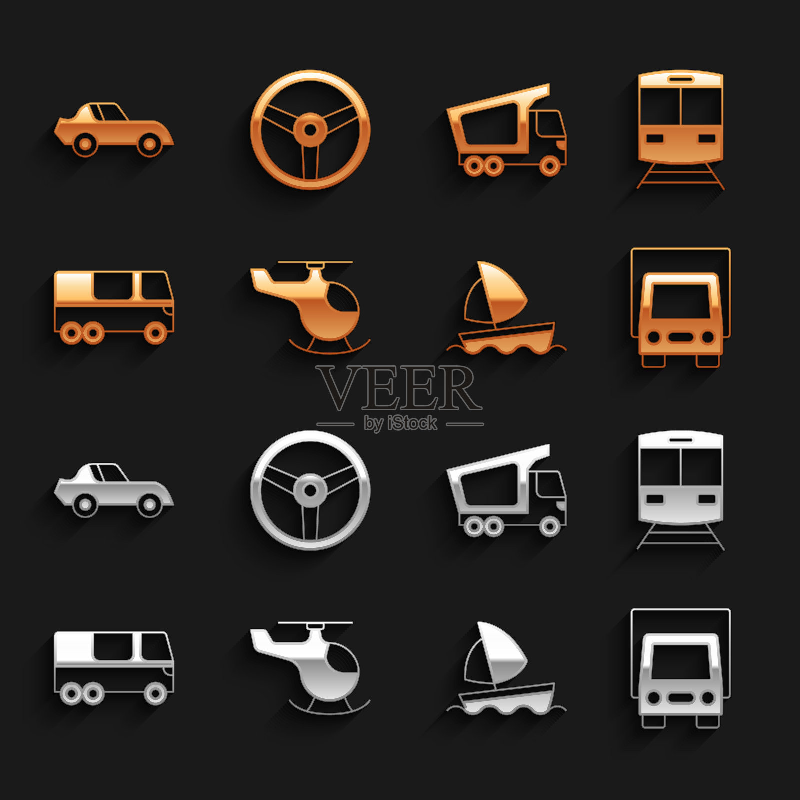 集直升机，火车和铁路，交付货物卡车，游艇帆船，公共汽车，汽车和方向盘图标。向量插画图片素材